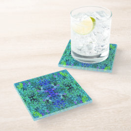 Abstracte Chartreuse en Blauwe Bladpatroon Glazen Onderzetter