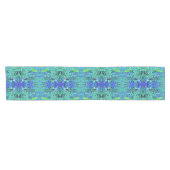 Abstracte Chartreuse en Blauwe Bladpatroon Korte Tafelloper (Horizontaal)