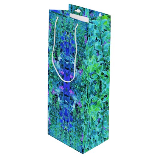 Abstracte Chartreuse en Blauwe Bladpatroon Wijn Cadeautas (Voorkant Gekanteld)