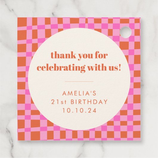 Abstracte Checker Pink Custom 21st Verjaardag Beda Bedankjes Labels (Achterkant)