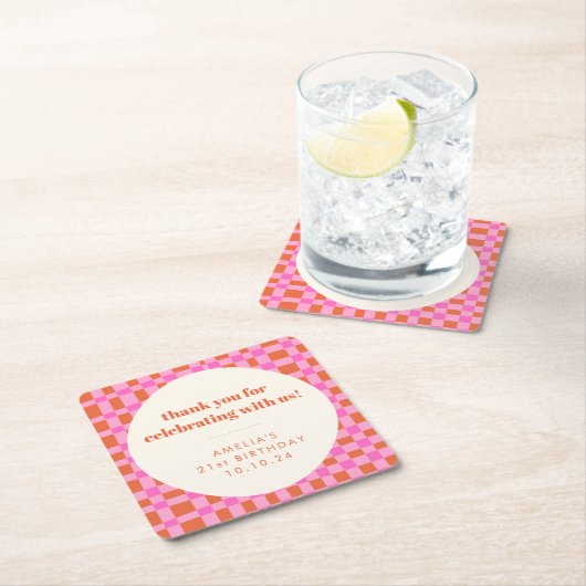 Abstracte Checker Pink Custom 21st Verjaardag Beda Kartonnen Onderzetters (Insitu)