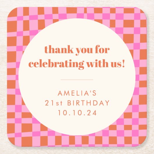 Abstracte Checker Pink Custom 21st Verjaardag Beda Kartonnen Onderzetters (Voorkant)