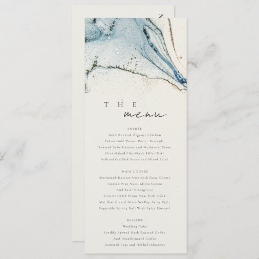 Abstracte Chic Blue Gold Bachy Wedding Menu Kaart (Voorkant / Achterkant)