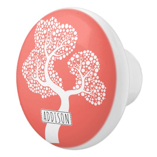 Abstracte cirkelboom en naam op levend koraal keramische knop (Rechts)