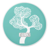 Abstracte cirkelboom en naam op licht blauwgroen keramische knop (Voorkant)