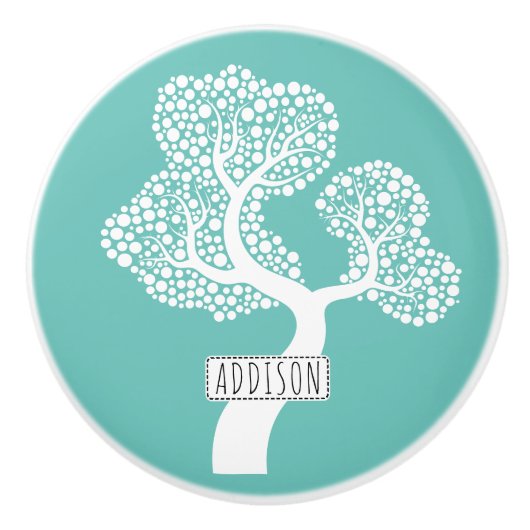 Abstracte cirkelboom en naam op licht blauwgroen keramische knop (Voorkant)