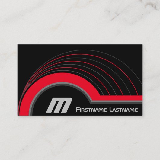 Abstracte cirkels grijze rode tinten elegant zwart visitekaartje (Voorkant)