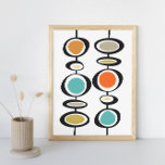 Abstracte cirkels midden eeuw moderne kleurrijke r poster<br><div class="desc">Deze fantastische moderne muurkunst uit de midden van de eeuw kenmerkt twee sets abstracte hangende cirkels in de kleuren van turkooisblauw,  twee tinten sinaasappel,  crème,  avocado-groen,  goud en zwart. Dit maakt een kleurrijke toevoeging aan je thuisdecor.</div>