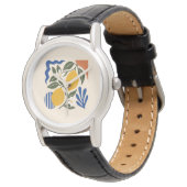 Abstracte citroenbladeren Boho blauwe crème horlog Horloge (Gekanteld)
