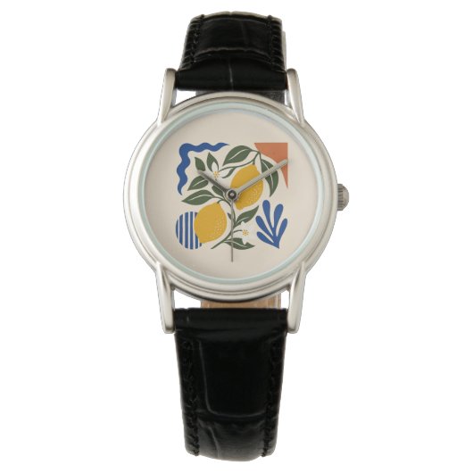 Abstracte citroenbladeren Boho blauwe crème horlog Horloge (Voorkant)