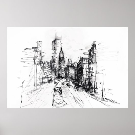 Abstracte Cityscape Uitzicht Sketch - Poster (Voorkant)