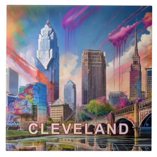 Abstracte Cleveland Skyline Art Modern City Tegeltje (Voorkant)