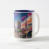 Abstracte Cleveland Skyline Tweekleurige Koffiemok (Voorkant rechts)