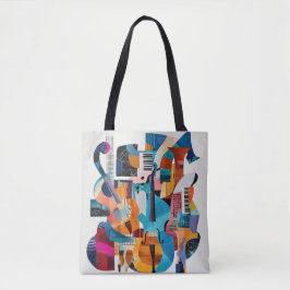 Abstracte collage van muziekinstrumenten tote bag