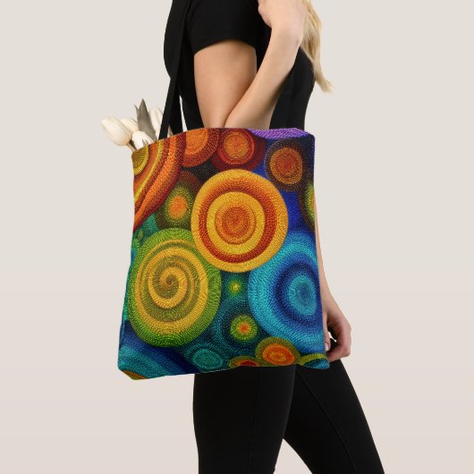 Abstracte concentrische cirkels in levendig multic tote bag (Dichtbij)