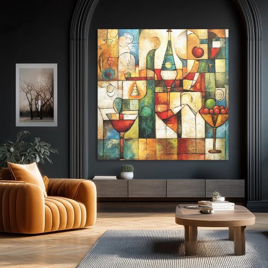 Abstracte Cubistische Moderne Wijn- en Fruitstille Canvas Afdruk