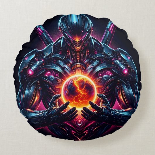 Abstracte Cyber Kosmische Bewaker Futuristische Ro Rond Kussen (Voorkant)