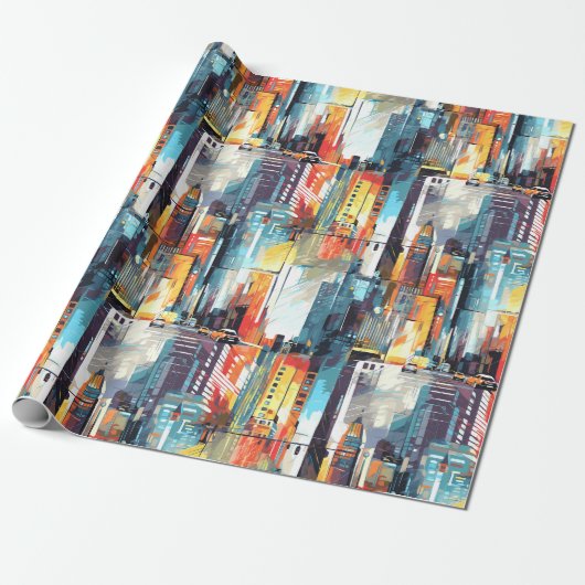 Abstracte cyberpunk stadsgezicht skyline (2) cadeaupapier (Uitgerold)