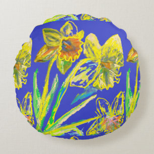 Abstracte Daffodil Yellow Blue Flowers Florence Rond Kussen