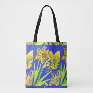 Abstracte Daffodil Yellow Blue Flowers Florence Tote Bag