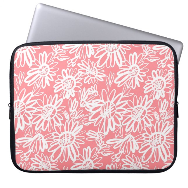 Abstracte daisy schets, monochrome patroon laptop sleeve (Voorkant)