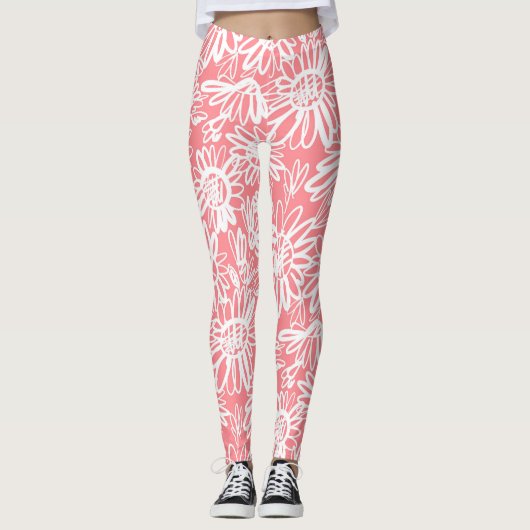 Abstracte daisy schets, monochrome patroon leggings (Voorkant)