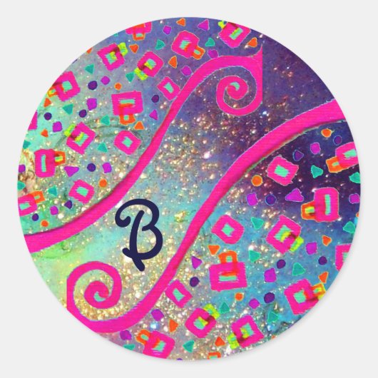 ABSTRACTE DECO MONOGRAM Roze Fuchsia Blue Swirls Ronde Sticker (Voorkant)