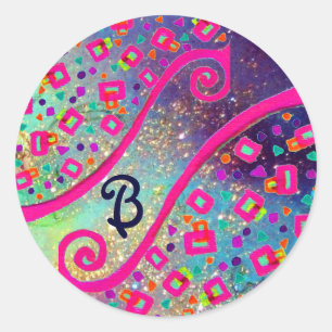 ABSTRACTE DECO MONOGRAM Roze Fuchsia Blue Swirls Ronde Sticker