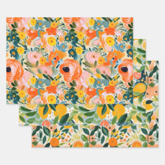 ABSTRACTE DECORATIEVE PAPIERSET VAN CITRUS EN BLOE INPAKPAPIER VEL