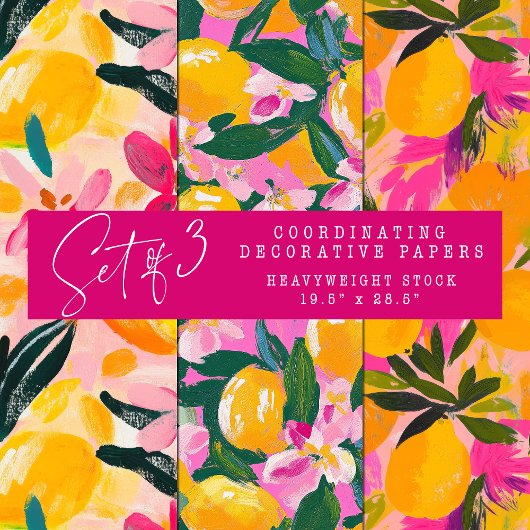 ABSTRACTE DECORATIEVE PAPIERSET VAN CITRUS EN BLOE INPAKPAPIER VEL