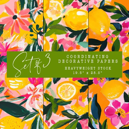 ABSTRACTE DECORATIEVE PAPIERSET VAN CITRUS EN BLOE INPAKPAPIER VEL