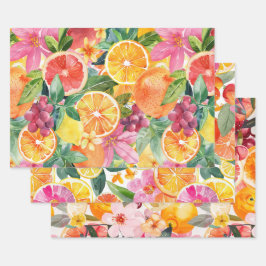 ABSTRACTE DECORATIEVE PAPIERSET VAN CITRUS EN BLOE INPAKPAPIER VEL