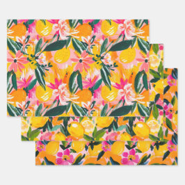 ABSTRACTE DECORATIEVE PAPIERSET VAN CITRUS EN BLOE INPAKPAPIER VEL