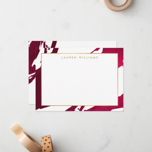 Abstracte Deep Ruby Red Brushstrokes Flat Notecard Notitiekaartje (Voorkant / Achterkant in situ)