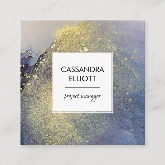 Abstracte Denim Blue & Gold Alcohol Ink Liquid Art Vierkante Visitekaartje (Voorkant)
