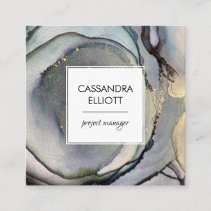 Abstracte Denim Blue & Gold Alcohol Ink Liquid Art Vierkante Visitekaartje