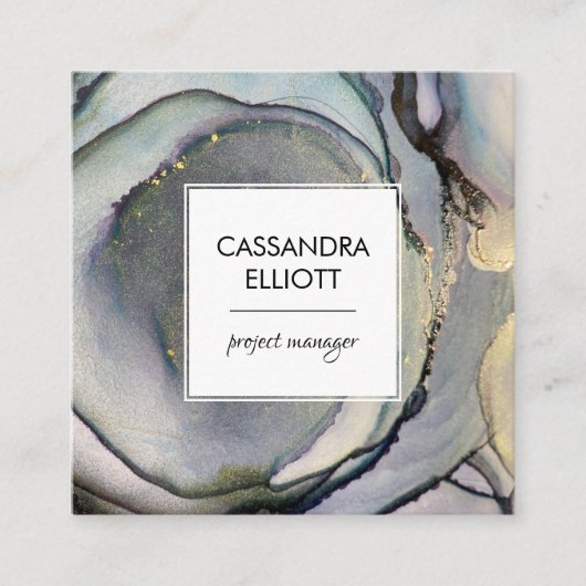 Abstracte Denim Blue & Gold Alcohol Ink Liquid Art Vierkante Visitekaartje (Voorkant)