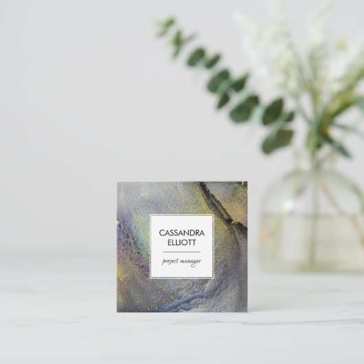 Abstracte Denim Blue & Gold Alcohol Ink Liquid Art Vierkante Visitekaartje (Staand voorkant)