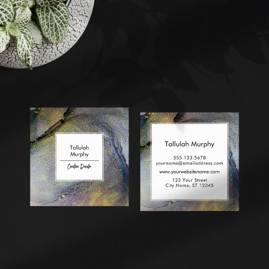 Abstracte Denim Blue & Gold Alcohol Ink Liquid Art Vierkante Visitekaartje