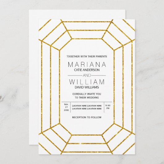 Abstracte diamantjuwelen goudglitter wit bruiloft kaart (Voorkant / Achterkant)