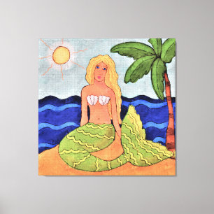 Abstracte digitale verf in Mermaid en Palm Tree Canvas Afdruk