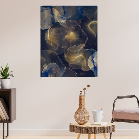 Abstracte donkerblauwe gouden kunstschilderijen poster (Woonkamer 3)