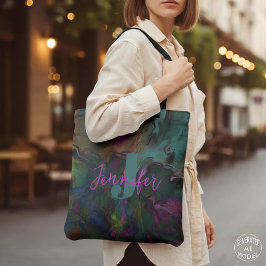Abstracte donkere turquoise & paarse vloeibare ver tote bag