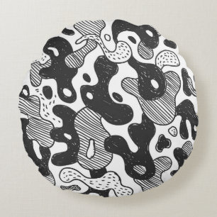 Abstracte Doodle Camouflage zwarte stijl Rond Kussen
