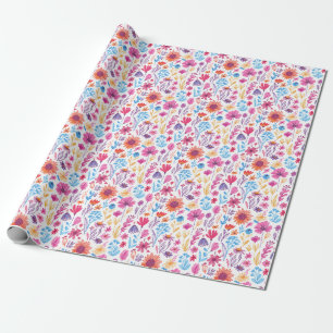Abstracte Doodle Kunst Bloemen Roze Blauw Oranje R Cadeaupapier