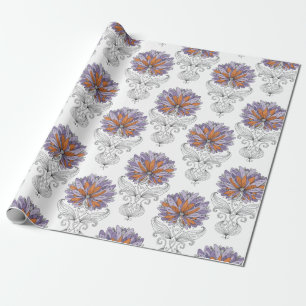 Abstracte Doodle Kunststijl Bloemen Paars Oranje Cadeaupapier