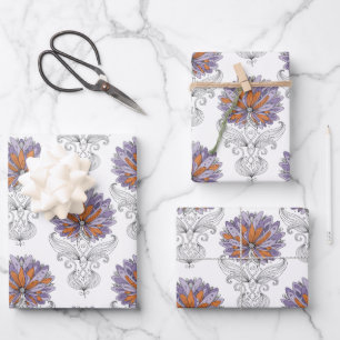 Abstracte Doodle Kunststijl Bloemen Paars Oranje Inpakpapier Vel
