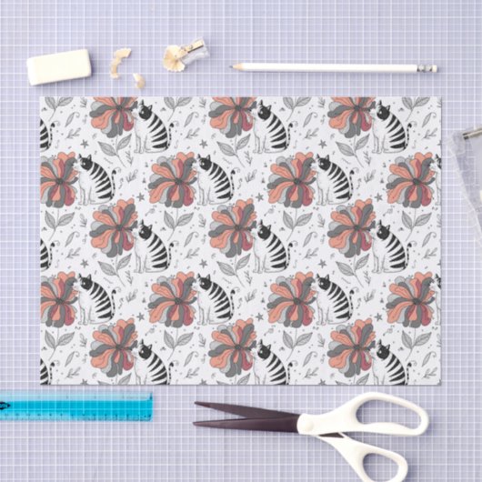 Abstracte Doodle Kunststijl Kat Snuffelt aan Bloem Tissuepapier (Craft)