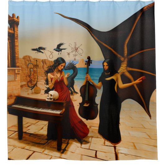 Abstracte Dragon Skull Occult Dark Witchy AI Art Douchegordijn (Voorkant)