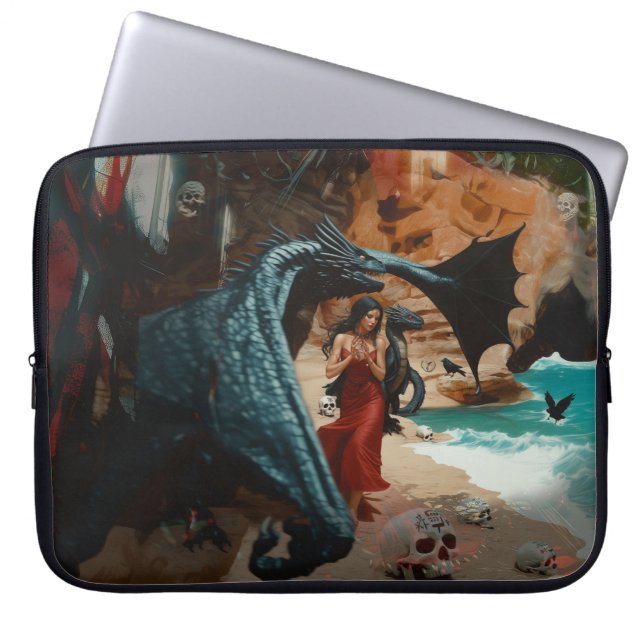 Abstracte Dragon Skull Occult Dark Witchy AI Art Laptop Sleeve (Voorkant)